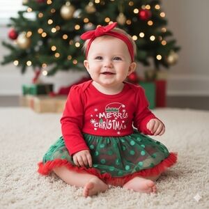 Baby Girl Long Sleeve Merry Christmas Romper Dress Holiday Photoshoot Set 9-12M